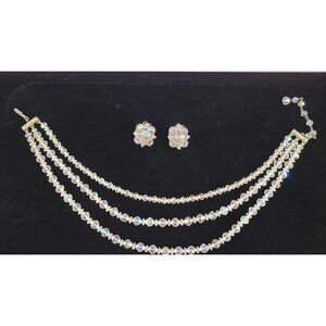 Vintage Aurora Borealis Triple Strand Crystal Necklace 16" + Cluster Earrings